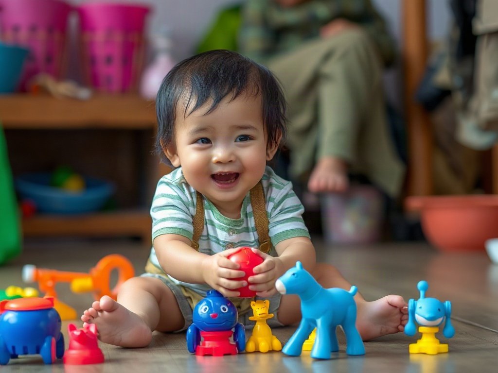 Một trẻ nhỏ người Việt Nam đang vui chơi với đồ chơi nhựa sạch.
