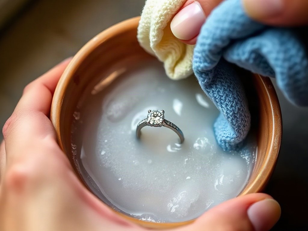 Người đang làm sạch nhẫn kim cương bằng nước xà phòng.