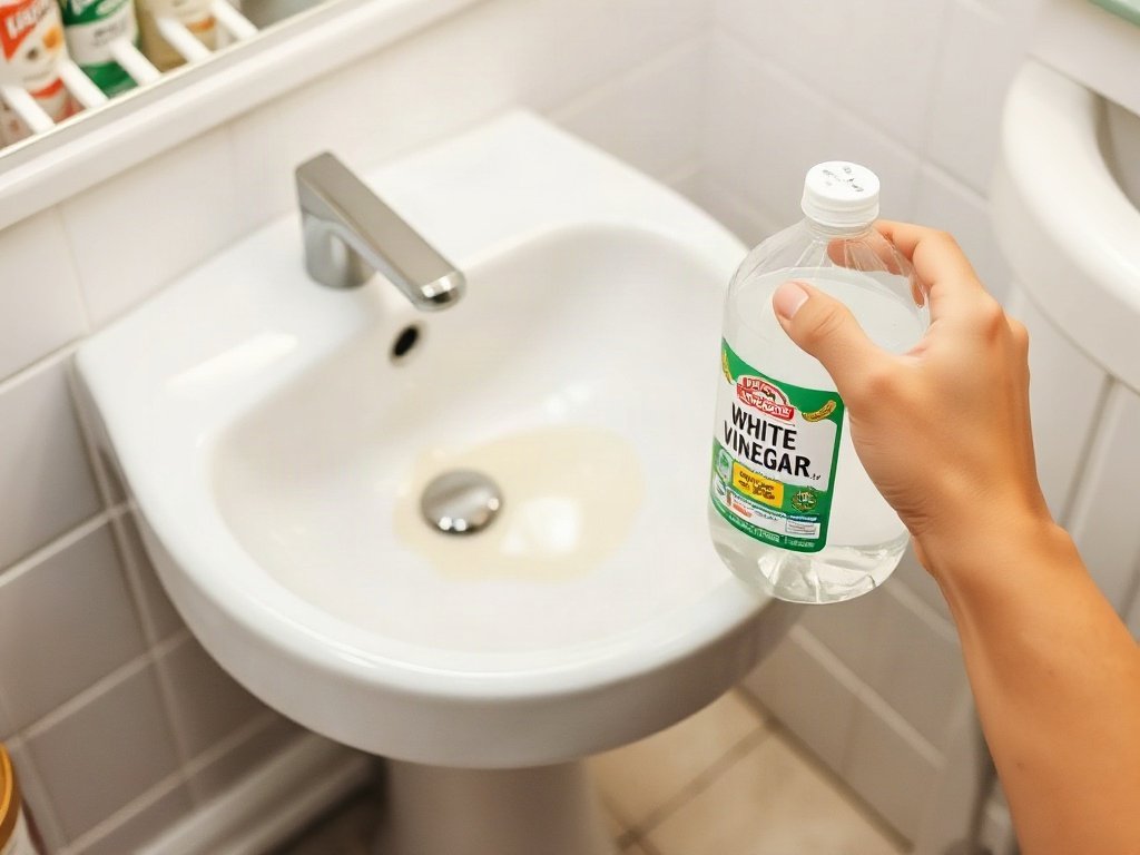Người đổ giấm trắng lên bồn rửa để tẩy vết ố