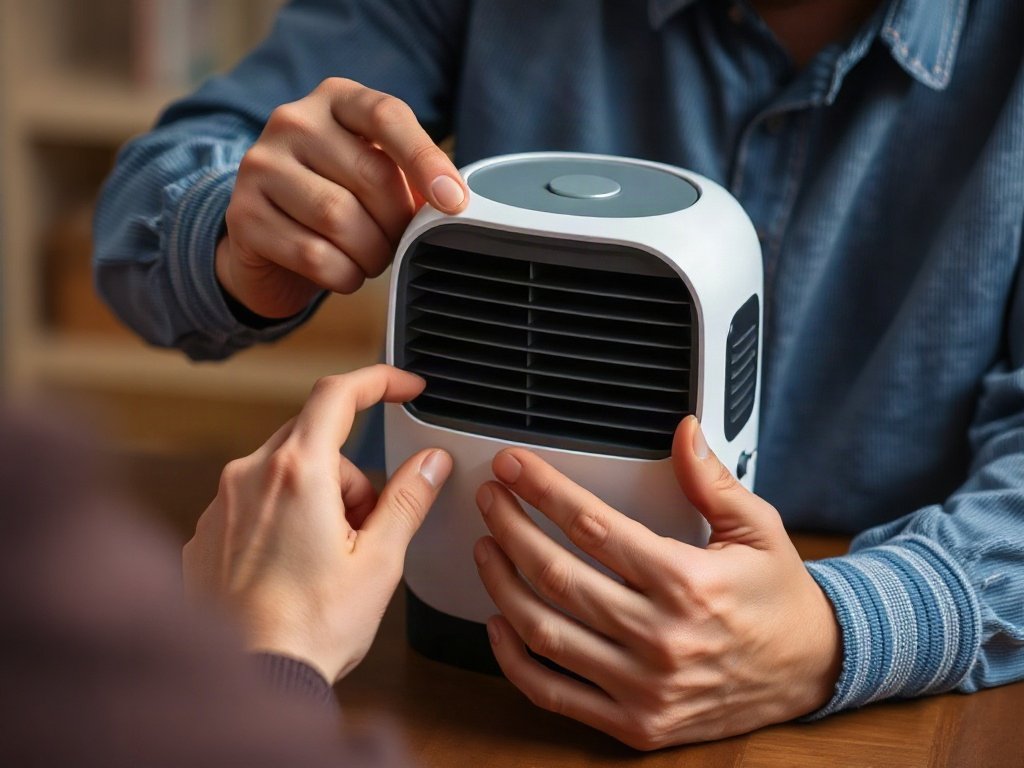 Người dùng đang lắp ráp máy lọc không khí mini kỹ lưỡng
