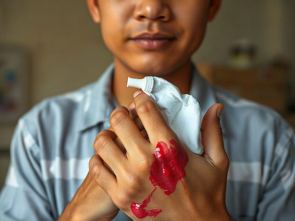Người dùng kem đánh răng chà lên tay dính mực