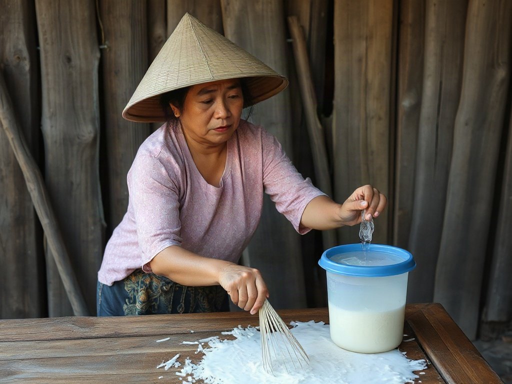 Người phụ nữ Việt chuẩn bị nước vo gạo để làm sạch đồ gỗ