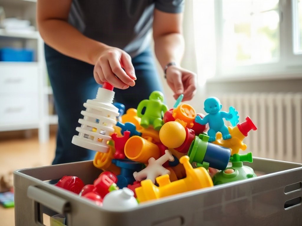 Người sắp xếp đồ chơi nhựa sạch vào hộp lưu trữ trong phòng sáng.
