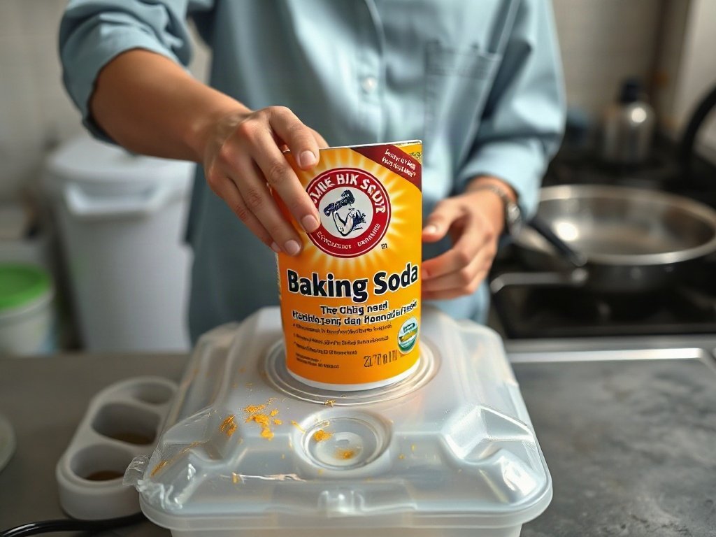 Người Việt đang làm sạch hộp nhựa bằng baking soda.