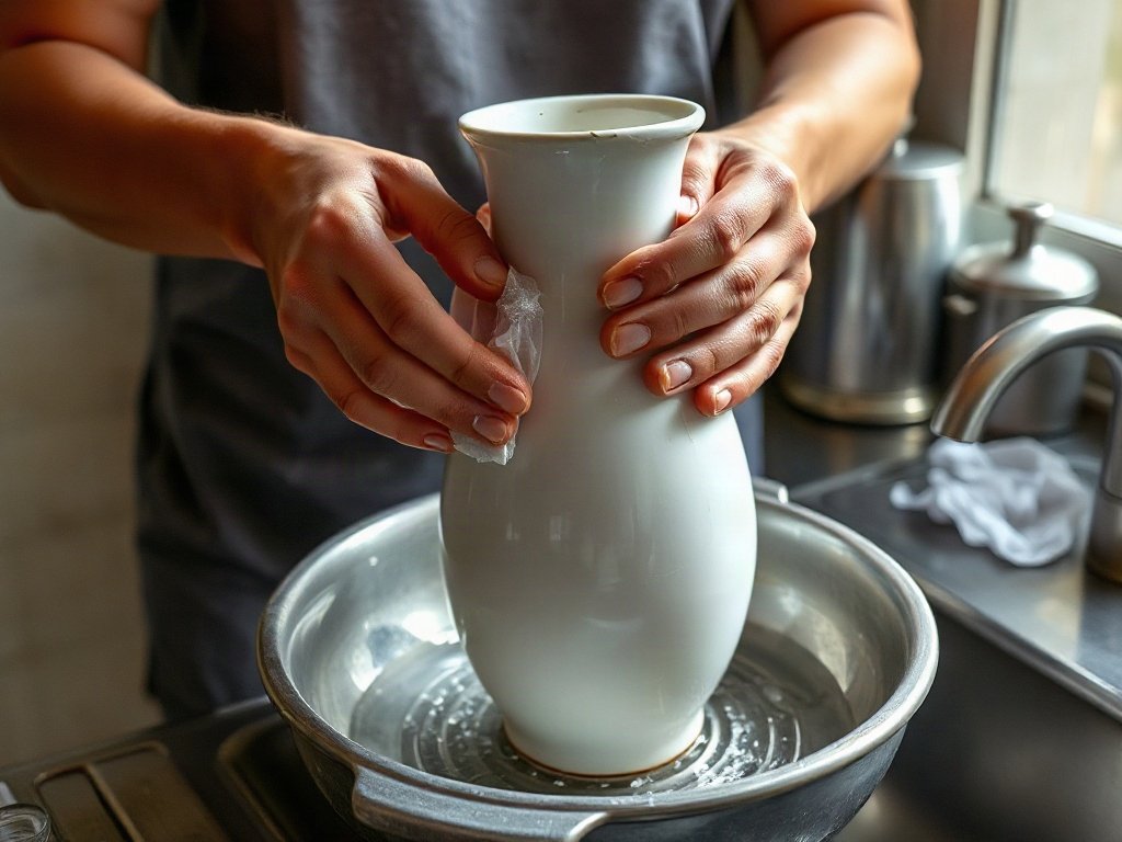 Người Việt đang rửa bình sứ bị rạn nứt với xà phòng nhẹ nhàng và nước ấm.
