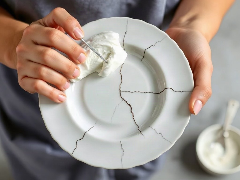 Người Việt đang thoa bột baking soda lên đĩa sứ bị rạn, cho thấy phương pháp làm sạch tự nhiên.