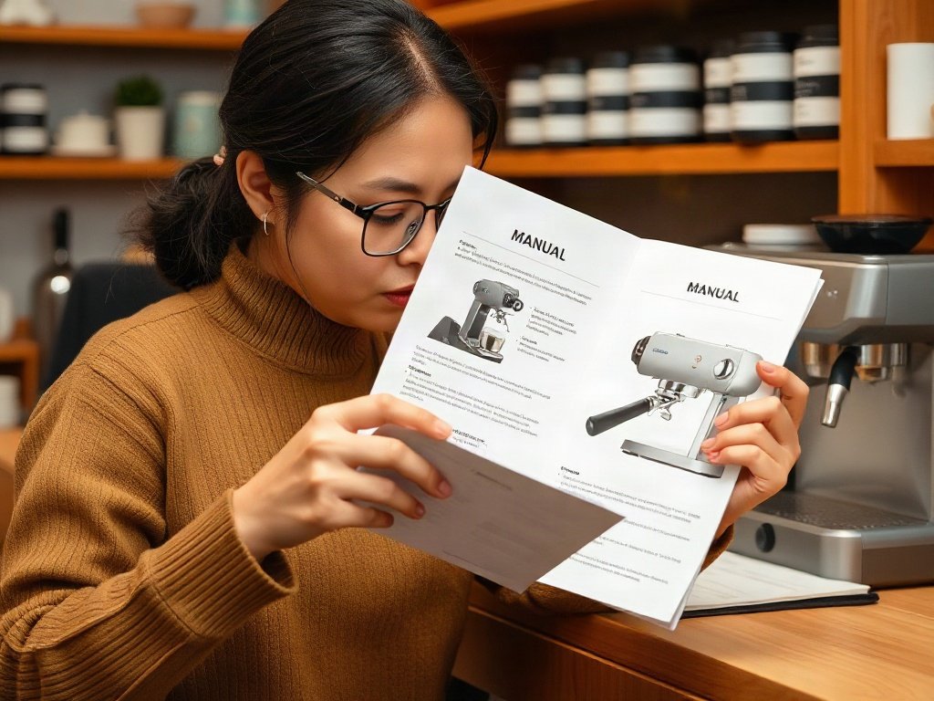 Người Việt đọc hướng dẫn chăm sóc máy pha cà phê.