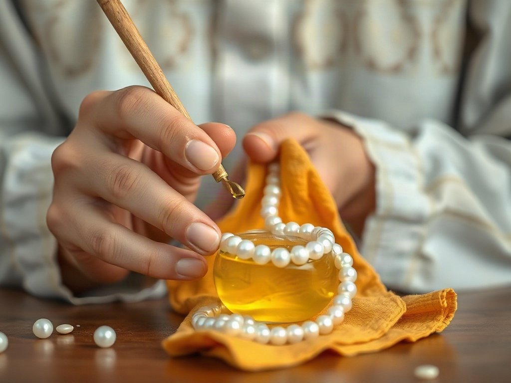 Người Việt dùng dầu ô liu và khăn mềm để đánh bóng vòng tay ngọc trai.