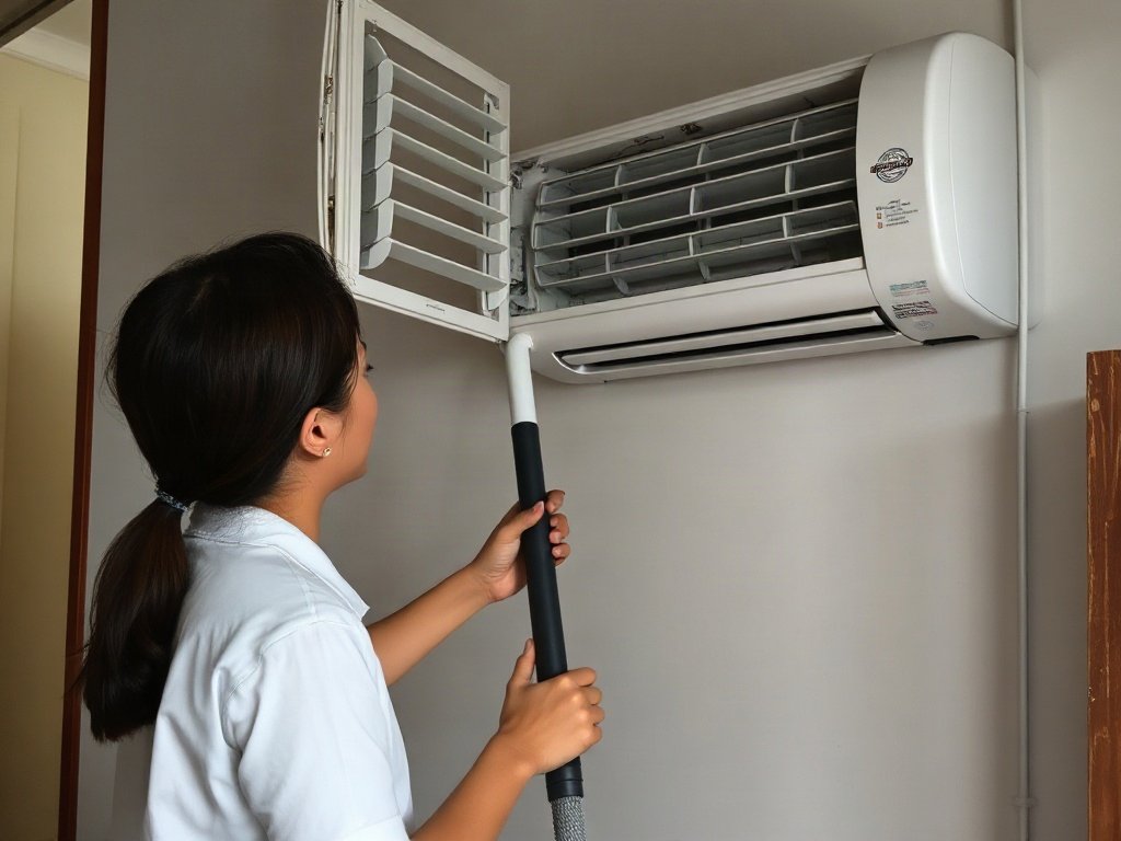 Người Việt dùng máy hút bụi để vệ sinh quanh máy lạnh.