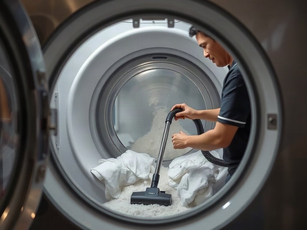 Người Việt hút bụi bên trong máy sấy quần áo.