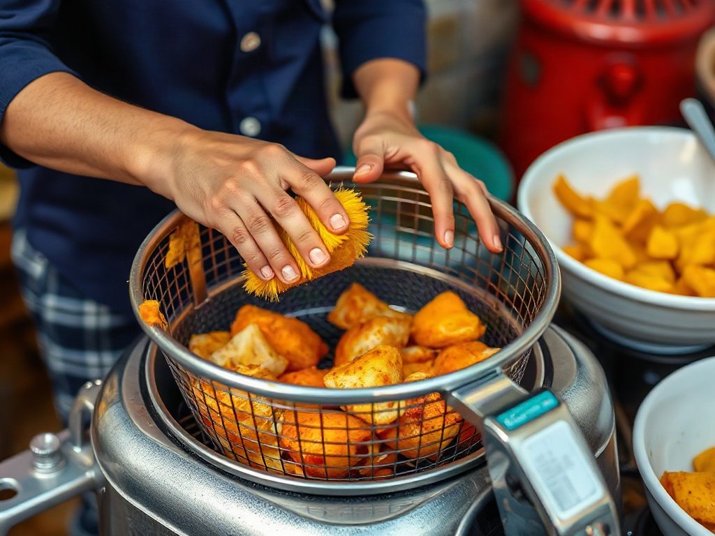 Người Việt kỹ càng chà rửa giỏ nồi chiên.
