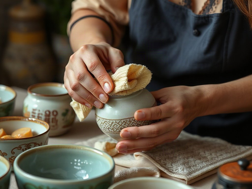 Người Việt làm sạch đồ gốm với vải mềm.