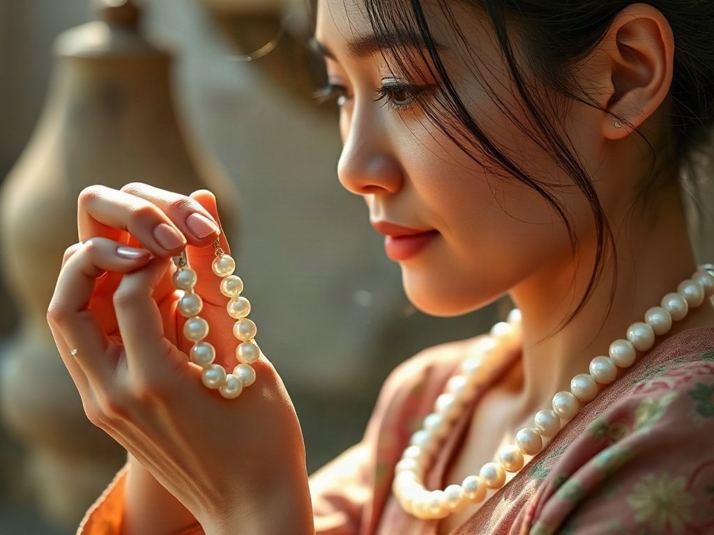 Người Việt Nam chiêm ngưỡng trang sức ngọc trai sáng bóng dưới ánh sáng tự nhiên.