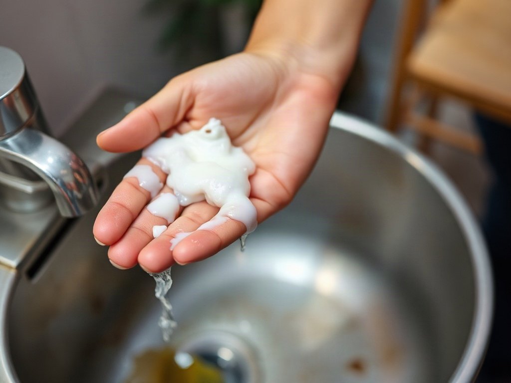 Người Việt Nam thoa xà phòng lên tay bị dính mực bên bồn rửa