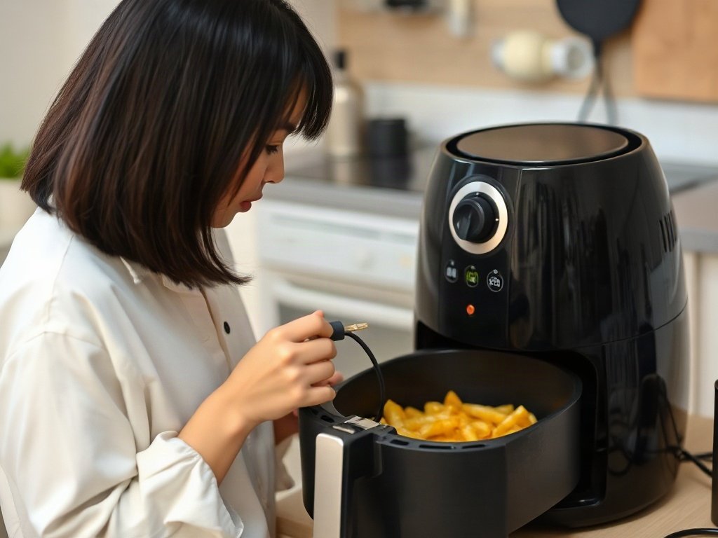 Người Việt ngắt điện nồi chiên không dầu trong gian bếp.