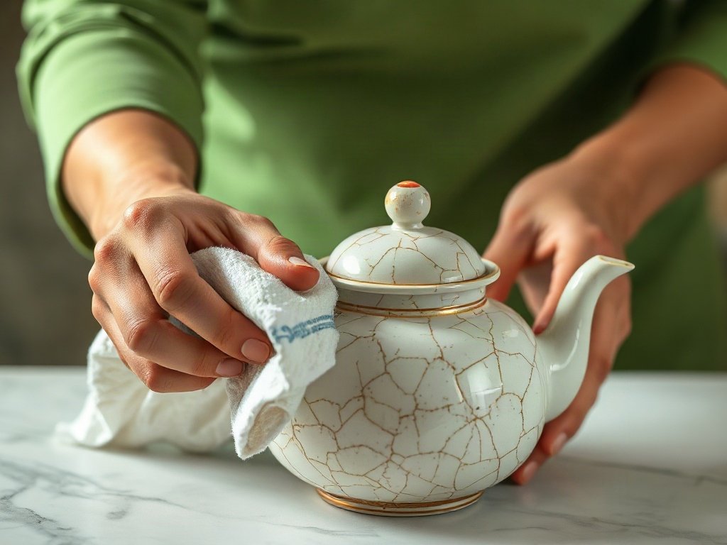 Người Việt nhẹ nhàng lau chùi ấm trà sứ trang trí bị rạn bằng khăn ẩm.