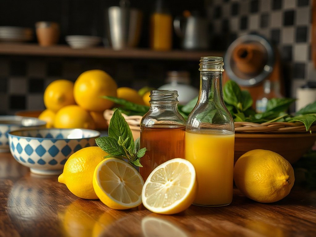 Nguyên liệu như chanh và giấm trên bàn bếp Việt.