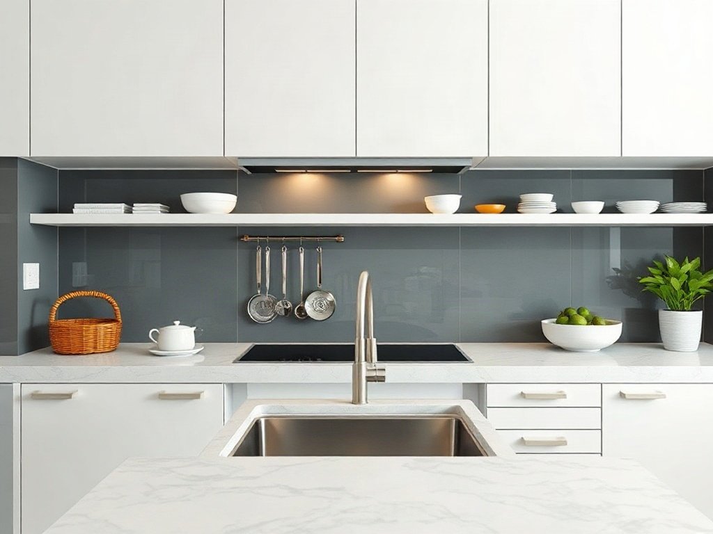 Nhà bếp hiện đại với bồn rửa bát sáng bóng.