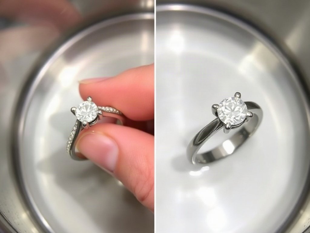 Nhẫn kim cương được làm sạch bằng máy siêu âm.