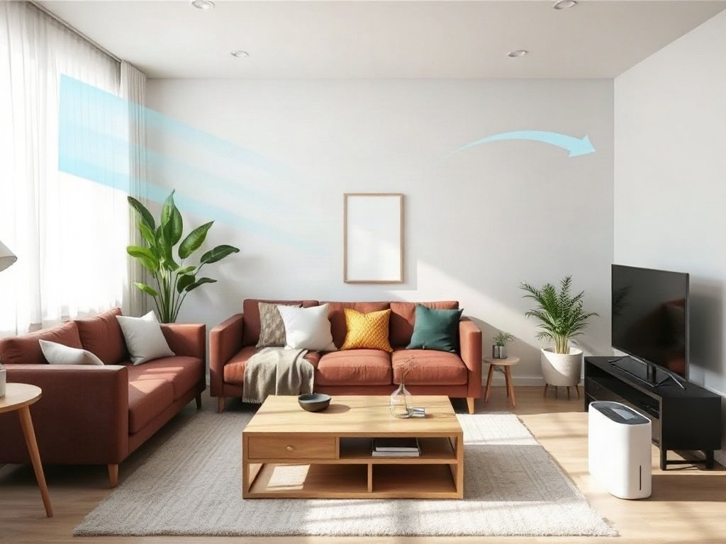 Phòng khách với các chiến lược lưu thông không khí và máy lọc mini