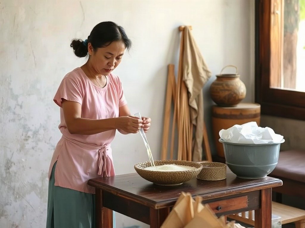 Phụ nữ Việt minh họa làm sạch bằng nước vo gạo trên bàn trang điểm gỗ