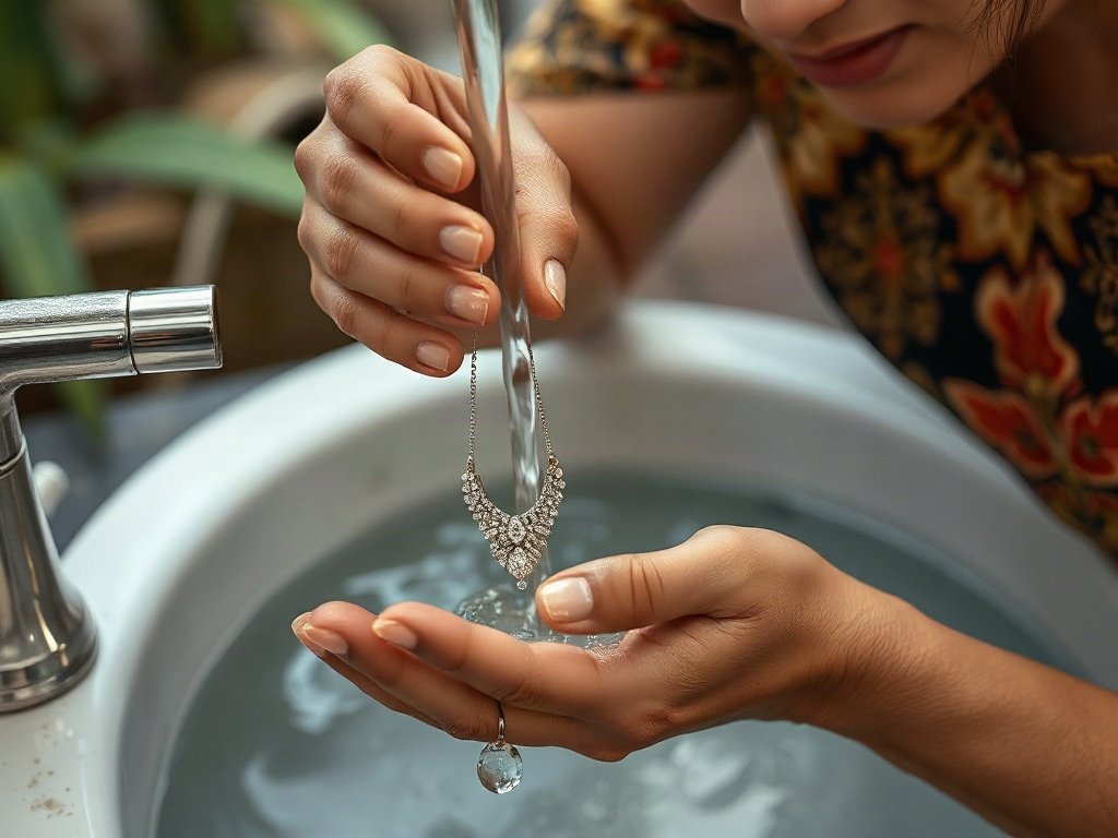 Phụ nữ Việt Nam đang rửa dây chuyền kim cương dưới vòi nước.