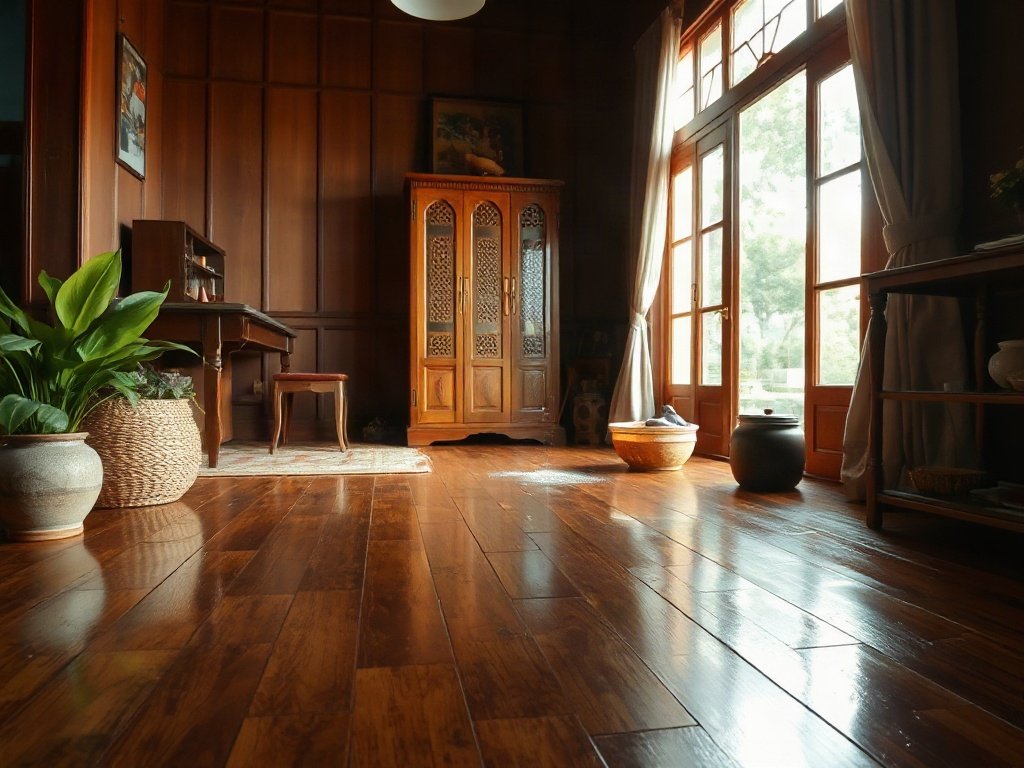 Sàn gỗ được làm sạch bằng nước vo gạo trong phòng khách ấm cúng