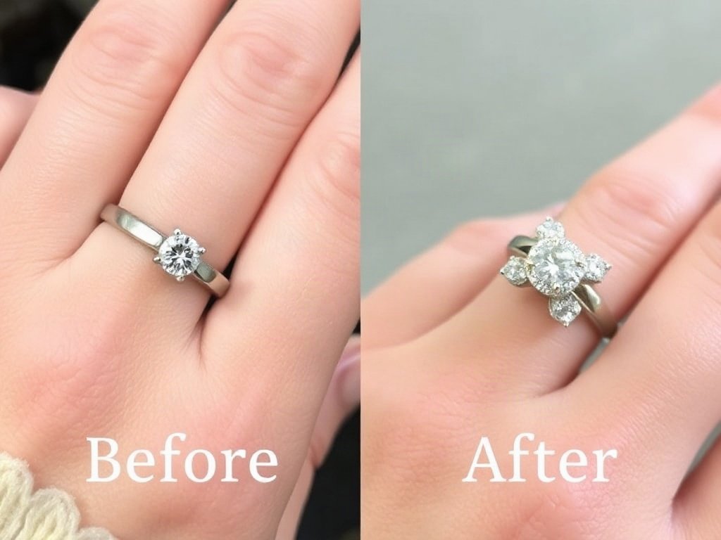So sánh trước và sau khi làm sạch một chiếc nhẫn vàng trắng