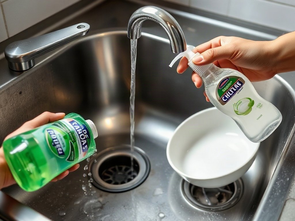 Sử dụng xà phòng rửa chén để làm sạch bồn rửa.