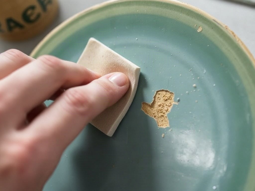 Tay dùng giấy nhám nhẹ trên bề mặt gốm bị mẻ.