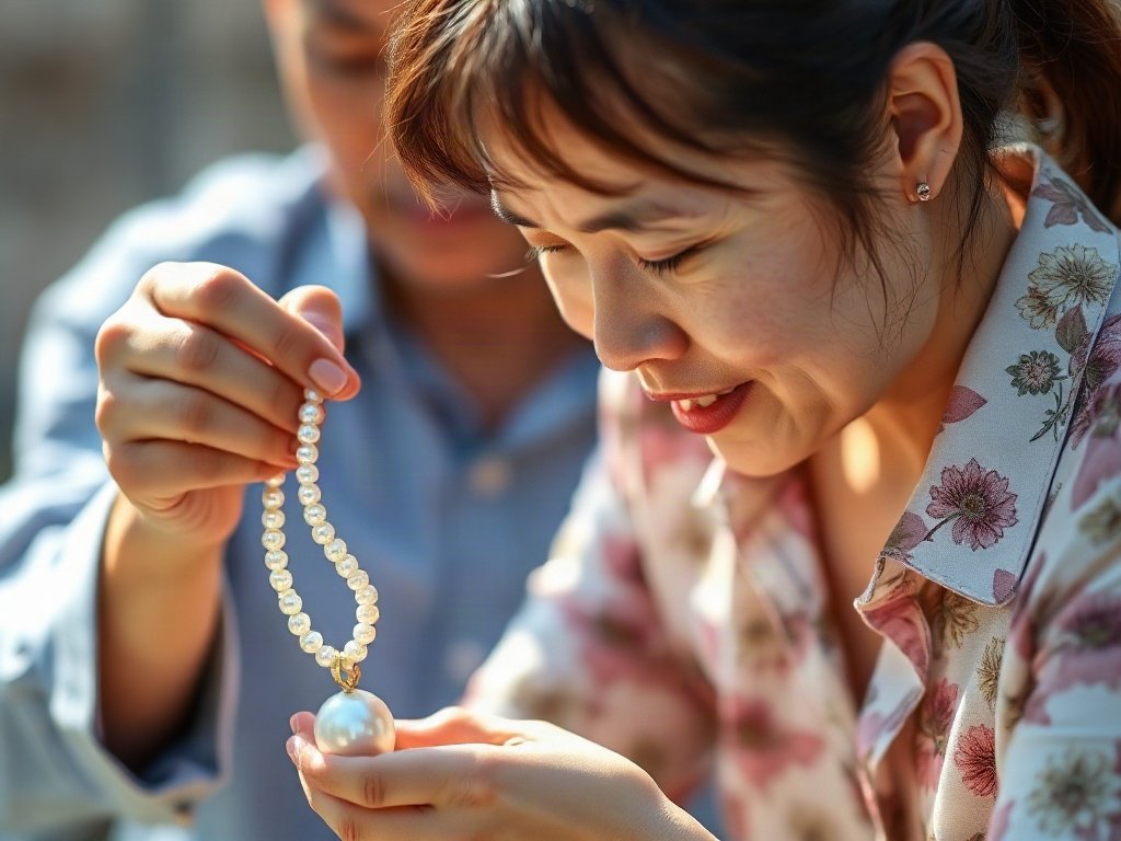 Thành viên gia đình Việt kiểm tra trang sức ngọc trai dưới ánh sáng mặt trời.